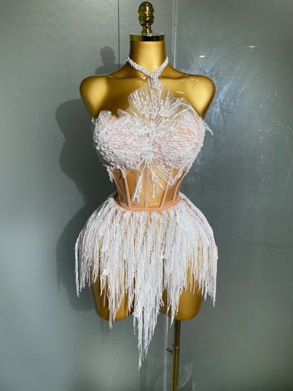 Pearl Sequins Tassel Sleeveless Glitter Mini Dress Women Singer Bar Nightclub Stage Performance Clothing Show Outfit