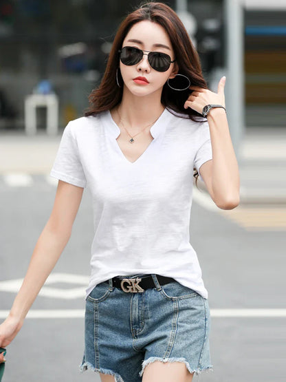 Summer Bamboo Cotton T-Shirt Cotton Women V-Neck Soft Tshirts Female Basic Fashion Classic S-3XL Ladies Tops