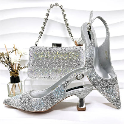 Fashion Nigerian Women Heel Party Ladies Italian Design Green Shoes And Bag Set Decorated with Rhinestone Handbag Wedding Party