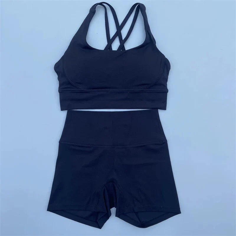 Solid Color soft gym Yoga Set short Legging +cross sport bra Tracksuit  Women Gym Suit Comprehensive Training Jogging Athletic
