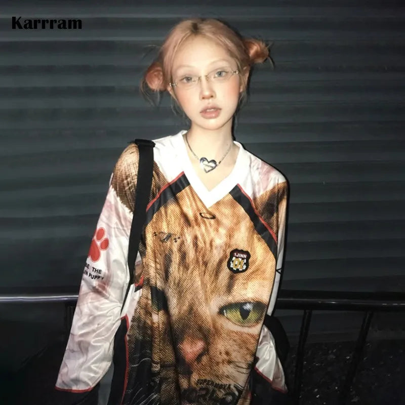 Japanese Y2k Kitten Print Jersey T-shirt Vintage Harajuku V-neck Long Sleeve Cat Tops American Retro Streetwear 2000s