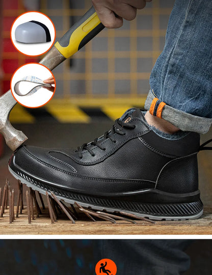 Plush Labor Protection Shoes for Winter Work Shoes Men's Anti Smashing Anti Piercing Microfiber Leather Work Cotton Safety Shoes