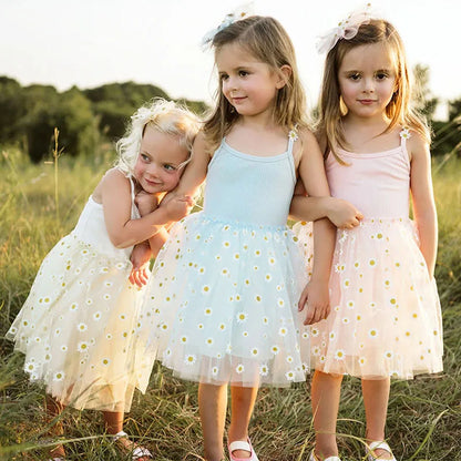 Korean Style Girls' Summer Dress 0-4Y Cute Baby Children's Little Daisy Suspender Mesh Dress Kid's Clothing