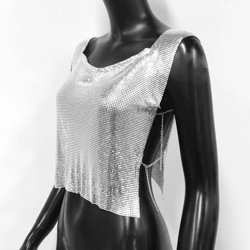 Women Metal Sequins Crop Tops Sexy Hollow Out Sleeveless Backless Y2k Tank Tops Nightclub Party Rave Festival Camisole 2023 New