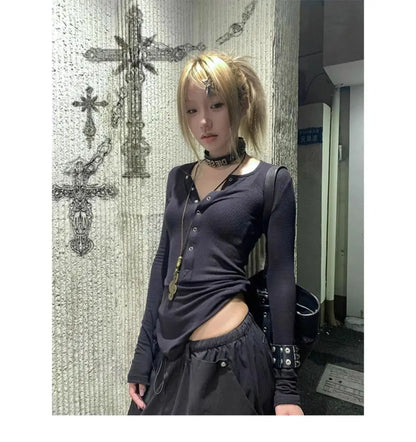 Y2k Japanese T Shirt Women Lace Long Sleeve Print Graphic Tops Streetwear American Retro 90s Crop Tops Autumn Tshirts