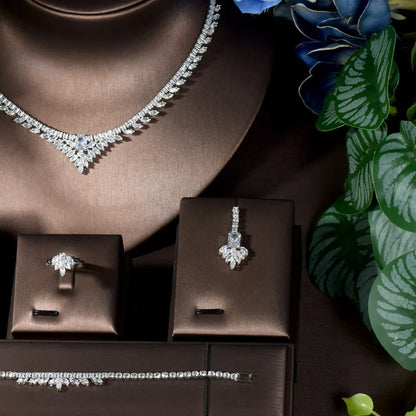 4 Pcs Luxury Elegant Ladies Zirconia Jewellery Set Necklace Earrings Bracelet Dress Accessories Party Wedding Evening Gift M-325
