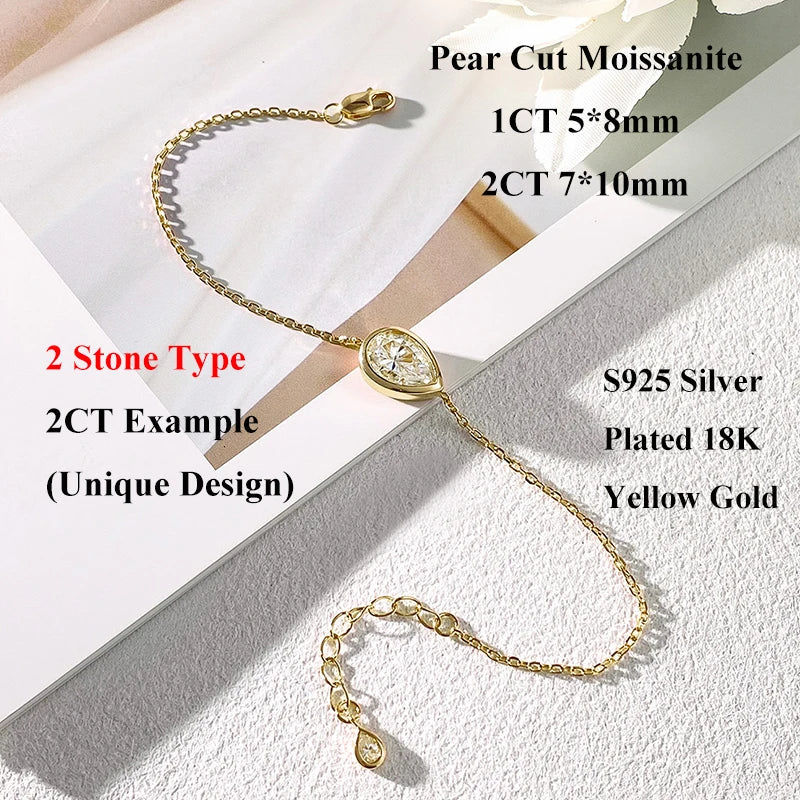 Bezel Setting 1/2CT Pear Marquise Emerald Cut Moissanite Solitaire Link Bracelet Women 925 Silver Diamond Party Wrist Chain