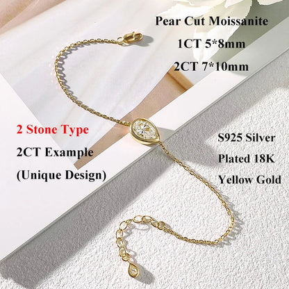 Bezel Setting 1/2CT Pear Marquise Emerald Cut Moissanite Solitaire Link Bracelet Women 925 Silver Diamond Party Wrist Chain