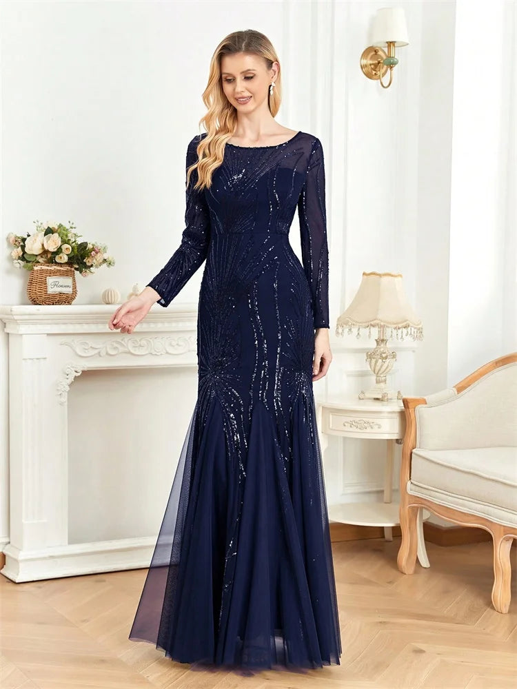 Elegant Long Sleeves Sequin Tulle Evening Dresses 2025 Women Luxury Mermaid Formal Bridesmaid Party Maxi Prom Dress