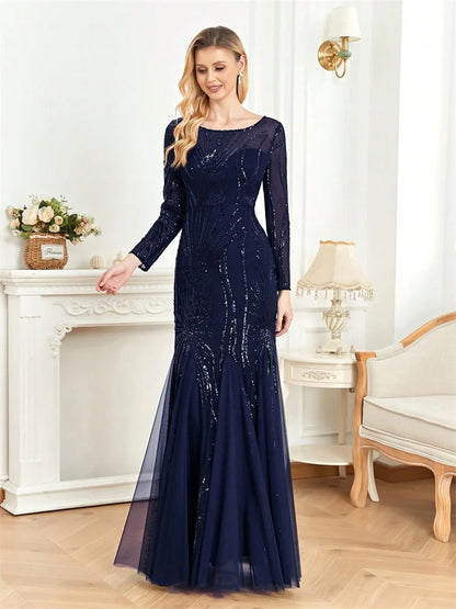 Elegant Long Sleeves Sequin Tulle Evening Dresses 2025 Women Luxury Mermaid Formal Bridesmaid Party Maxi Prom Dress