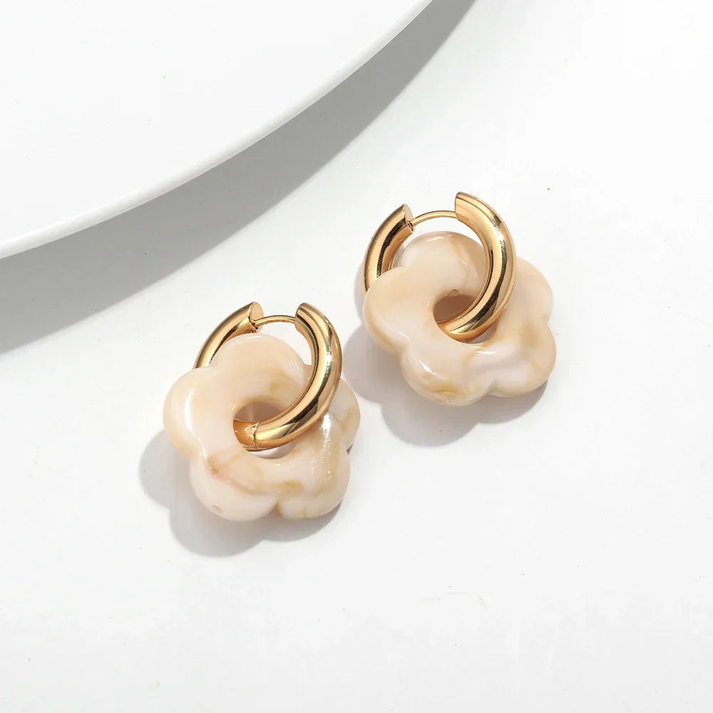 Colorful Flower Resin Acrylic Charms Earring Gold Color Circle Ear Buckle Hoop Earrings Fashion Jewelry for Women