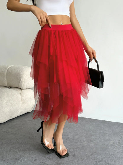 Ladies' high waisted elastic waist layered chiffon midi skirt with irregular asymmetric hem party casual mesh fairy ballet skirt