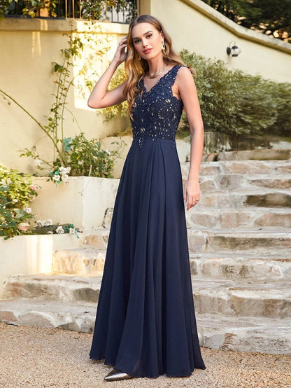 A-line V-neckline Chiffon Lace Pearls Beadings Floor-length Prom Dress Sleeveless Evening Elegant Party Dresses For Women 2024