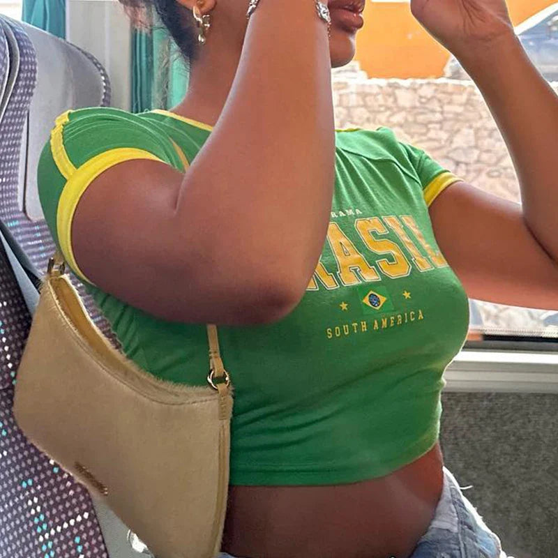2024 Retro Street Aesthetic Baby T-shirt Women Green Brazil Letters Print Crop Tops Casual Slim Short Sleeve Y2k Clothes E-girls