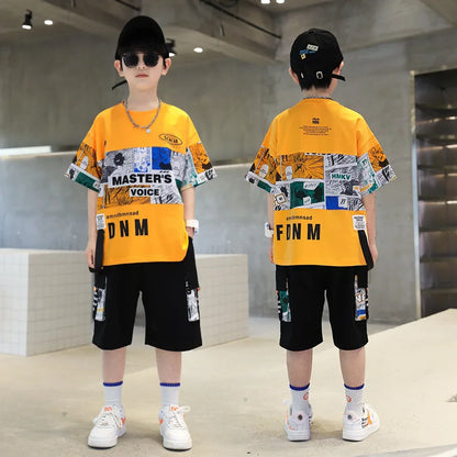 Summer Boys Cotton Alphabet Picture Printed T-Shirt Tops+Shorts Pant School Kids 2PCS Tracksuit Child Outfits Workout Set 3-16Yr