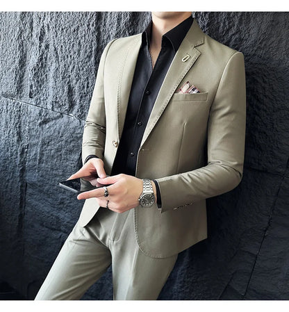 Men's Korean Style Slim Fit Suit Set, High Quality Fabric Solid Color Edge Pressing for Wedding Business