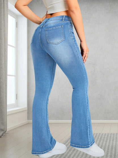 Ladies' high waisted elastic flared jeans
