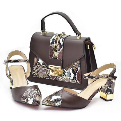 New Design Italian Shoe and Bag Set for Party In Women Ladies Shoes and Sandals Snake Print Heels Wedding Shoes for Women Bride