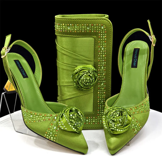 Newest Arrival Fashion Shoes Matching Bag Set in Rose Blossoms Decorated with Rhineston For Ladies Wedding Party