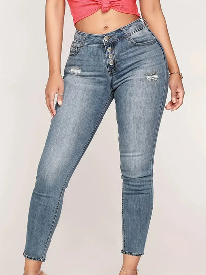Women's Chic Ripped Pocket Jeans, Single Breasted Button Open and Close, Skinny Stretchy Denim Pants - Solid Color