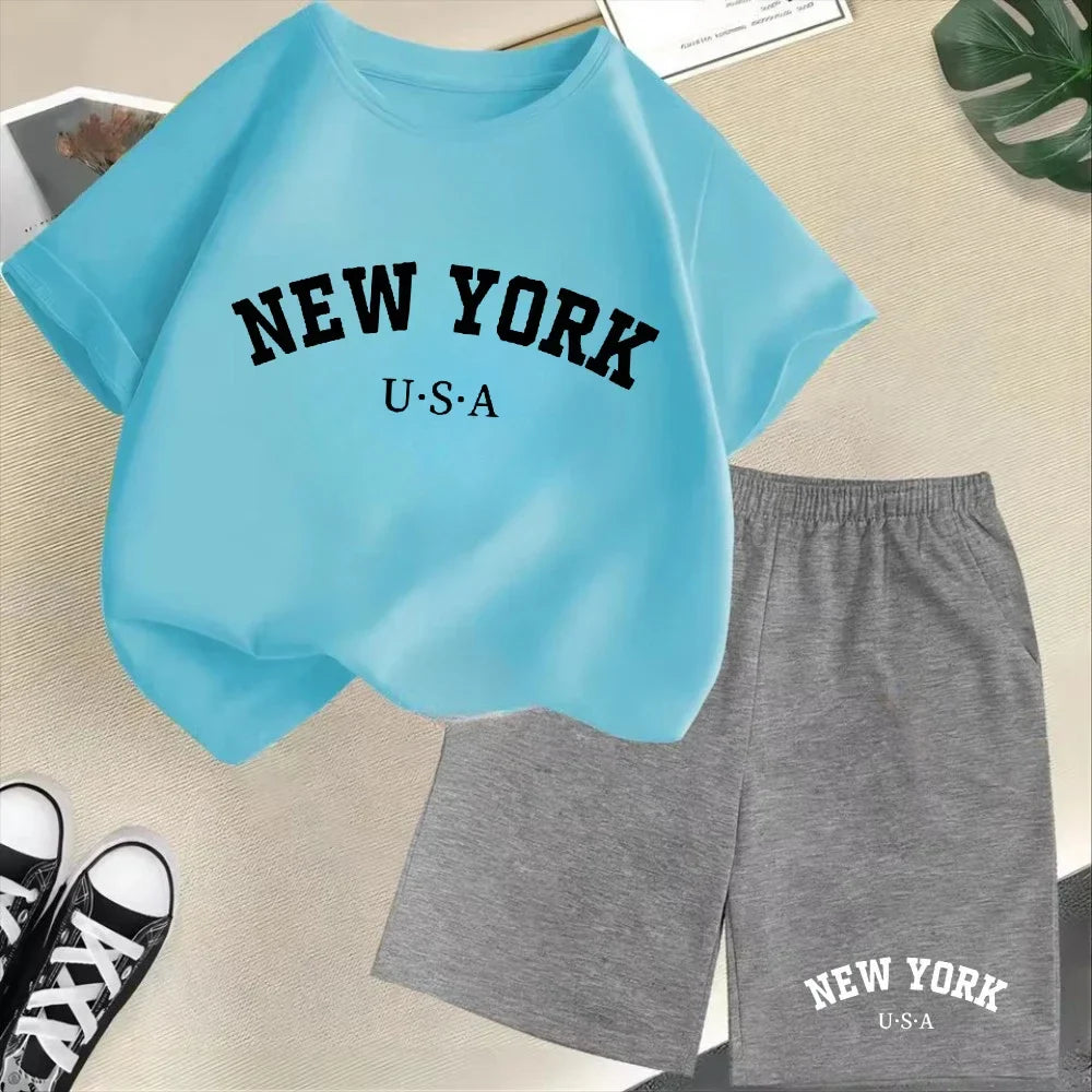 New York letter pattern boy and girl T-shirt+shorts 2-piece set