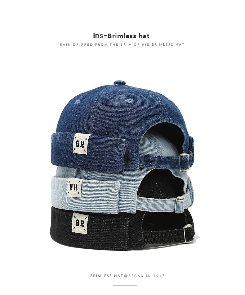 Denim Docker Cap Without Visor Letter Label Brimless Caps Adjustable Solid Color Hats Unisex Adult Retro Hip Hop Street