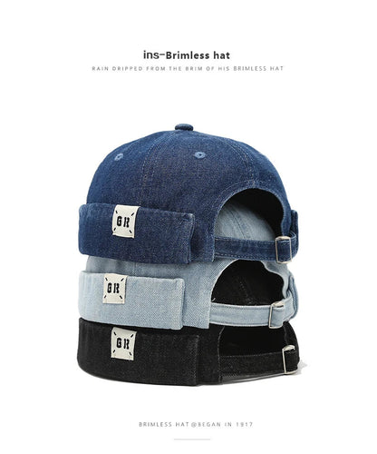 Denim Docker Cap Without Visor Letter Label Brimless Caps Adjustable Solid Color Hats Unisex Adult Retro Hip Hop Street