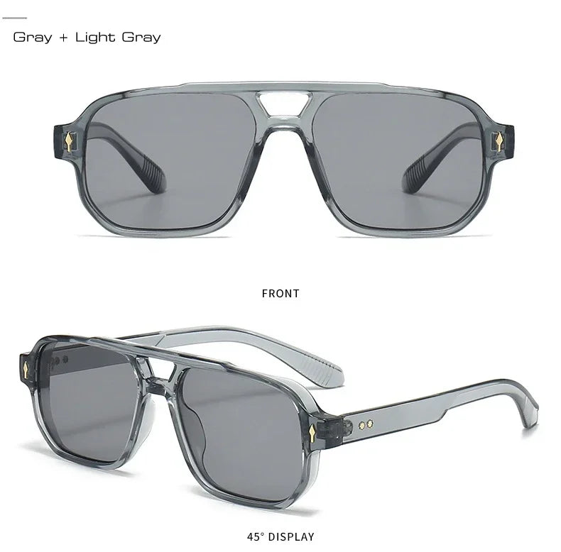 Vintage Double Bridges Men Square Sunglasses Fashion Green Ocean Lens UV400 Eyewear Women Trending Rivets Sun Glasses