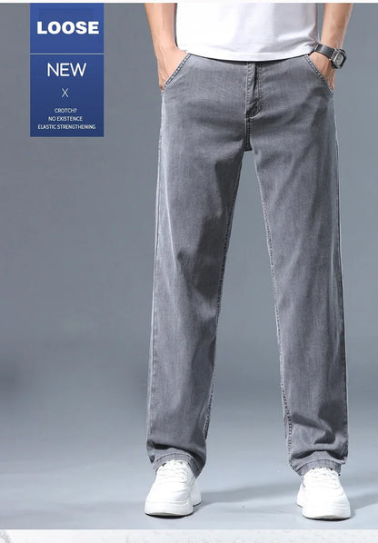 Summer Thin Men's Loose Straight Jeans Lyocell Soft Drape Business Casual Trousers Classic Smoke Gray Brand Ice Silk Pants