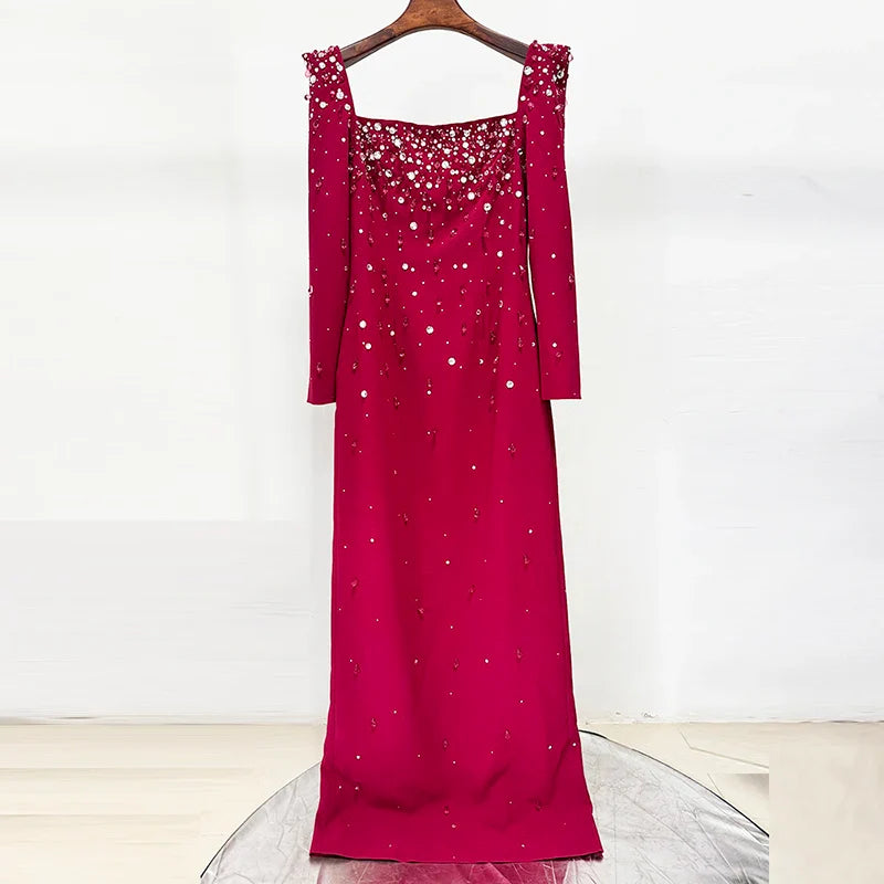 Newest Fashion 2026 Designer Vestido Women's Square Collar Beading Diamonds Long Sleeve Maxi Dress
