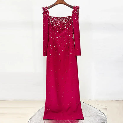 Newest Fashion 2026 Designer Vestido Women's Square Collar Beading Diamonds Long Sleeve Maxi Dress