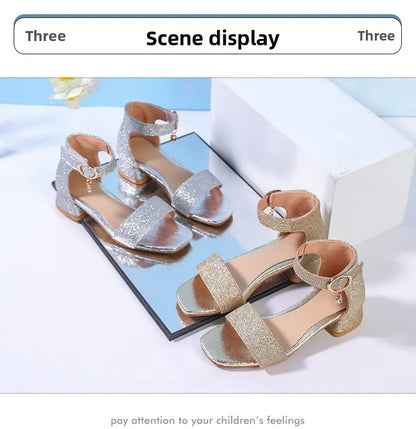 2025 Summer New Children's Sandals Fashion Girls' High Heels Silver Sequins Open Toed Girls' Princess Sandals