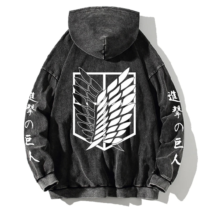 Attack on Titan Manga Hoodie Harajuku Sweatshirt Men Women Long Sleeve Streetwear Clothing Vintage Washed Cotton Hooded Pullover