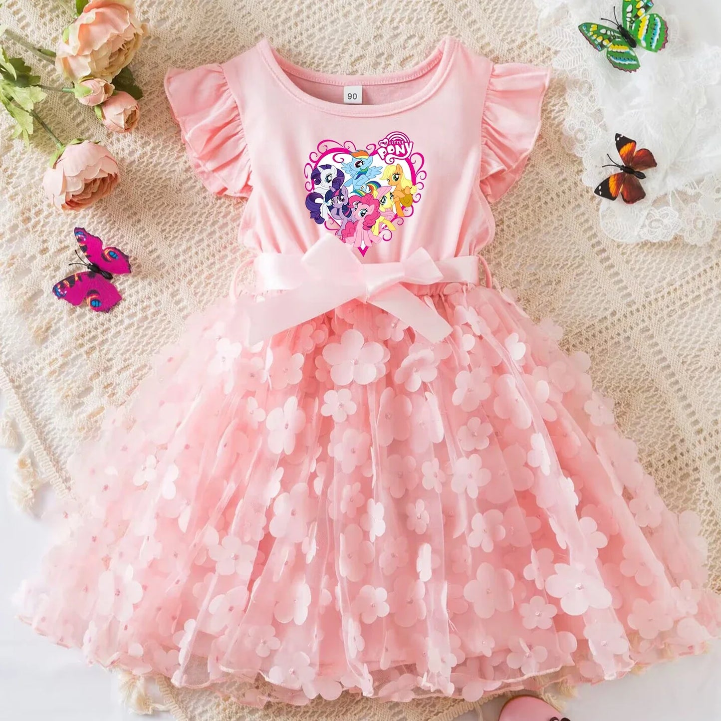 My Little Ponys Girls Summer Dress Cartoon Bow Tutu Dress 3D Butterfly Cotton Party Casual Dress for Baby 2-6Y