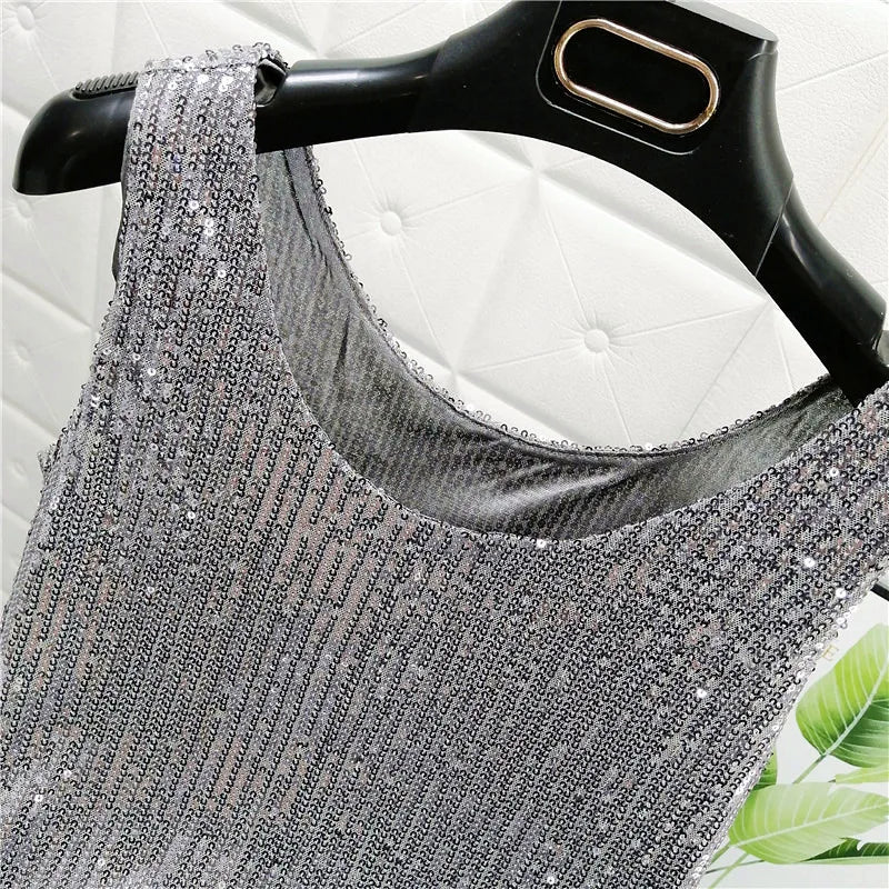 Sparkling Sequins Round Neck Vest Women's Outer Wear 2022 Summer New Bright Silk Fashion Glitter Bottoming Shirt Suspender Top