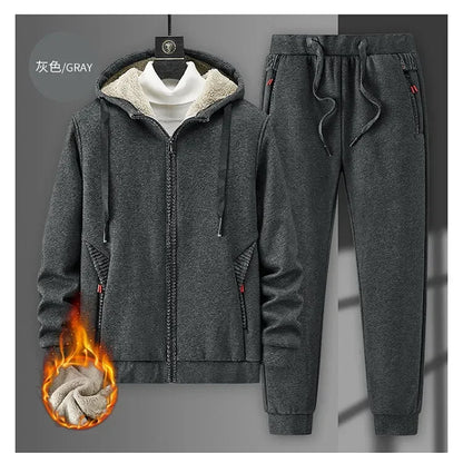 Men's Sets Jacket + pant Warm Fur Winter Sweatshirt Cashmere Tracksuit Men's Sets Fleece Thick Hooded Brand Casual Track Suits