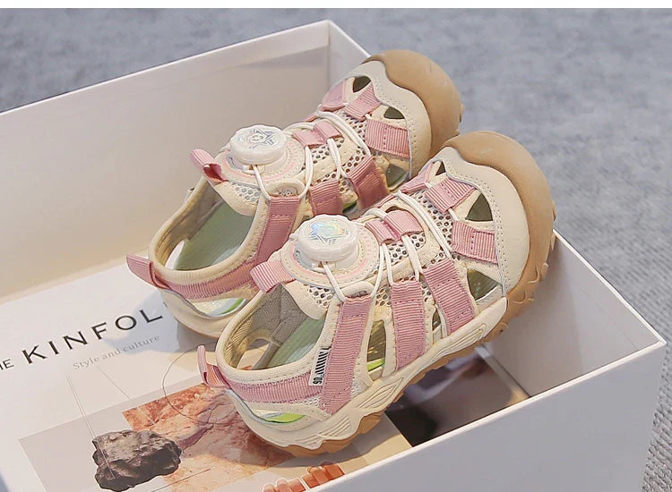 Kids' Rotating Button Closed-Toe Sandals, Breathable Mesh Shoes, Non-Slip Boy Girls Barefoot Shoes Summer Casual Sports Sandals