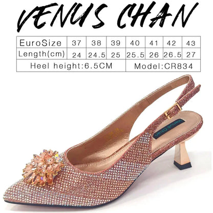 Italian Design Rhinestone Luxury Wine Colour Pointed Toe Shoe & Bag Set Women's High Heels for Parties