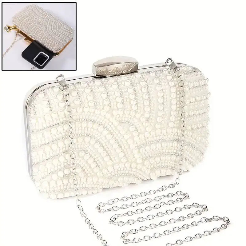 Ladies Pearl Elegant Evening Bag Fashionable Stylish Beading Wedding Dinner Party Banquet  Dress Clutch Bag with Long Chain