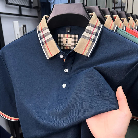 High end silky cotton breathable short sleeve polo shirt men's summer new trend plaid lapel designer brand casual golf T-shirt