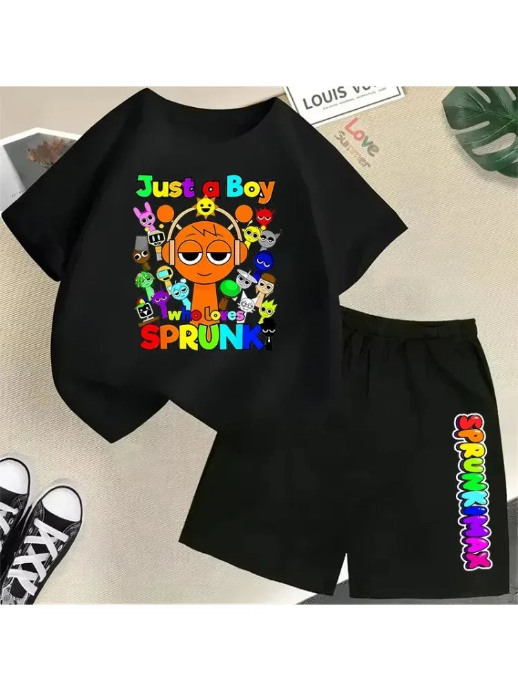 Set of 2 Pieces of T-Shirt and Shorts Sprunki for Kids, Anime Design, Pants Suit for Boys and Girls, Kawaii Summer Outfits