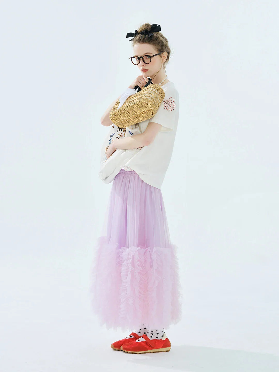 Women's Light Purple Tulle Midi Skirt with Ruffled Hem Elastic Waist Casual Fairy Style Summer  Flowy A-Line Skir 255106