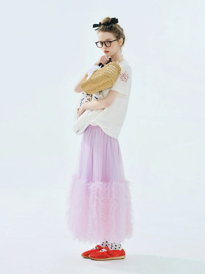 Women's Light Purple Tulle Midi Skirt with Ruffled Hem Elastic Waist Casual Fairy Style Summer  Flowy A-Line Skir 255106