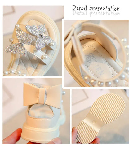 Kids Roman Sandals 2024 New Girls'  Princess Shoes with Butterfly Girl Fashion Sweet Pearl Beach Shoes with Back Knot Anti Slip