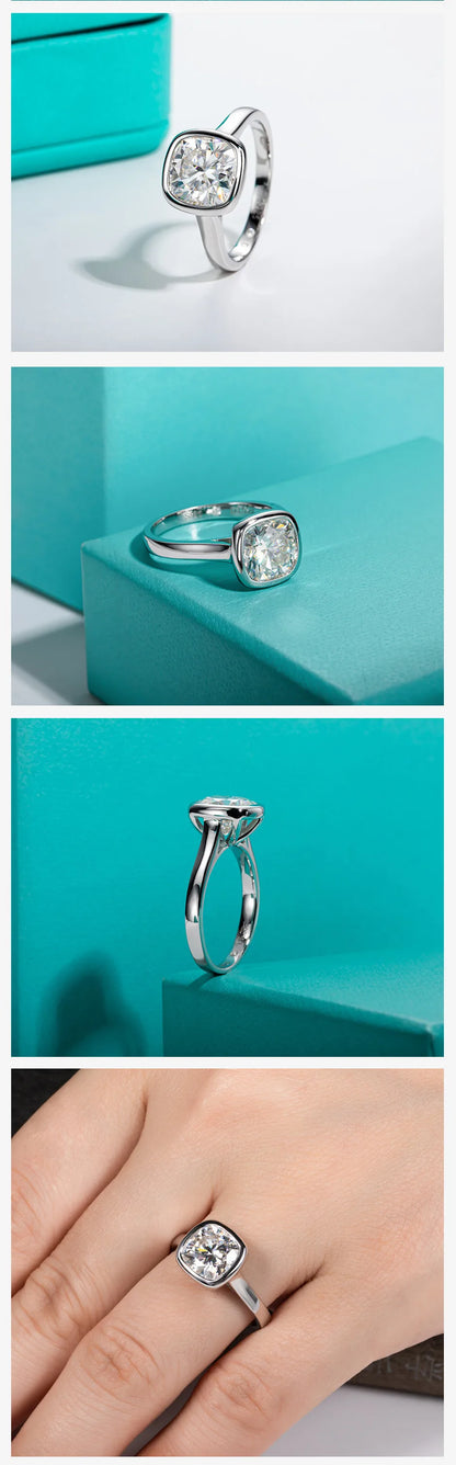 3ct D Color Cushion Cut Moissanite Bezel Engagement Wedding Ring 925 Sterling Silver Rings For Women Jewelry Wholesale
