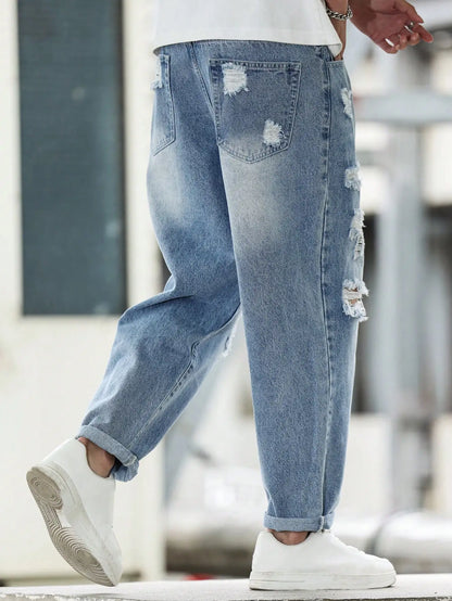 Men's Blue Ripped Denim Harem Pants for Spring and Autumn. Street Fashion. Casual Trend 。