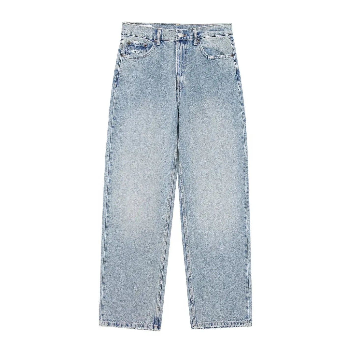 Women's Street Fashion Denim Blue Jeans Distressed Patchwork High Waist Zipper Fly Ripped Retro Long Pants