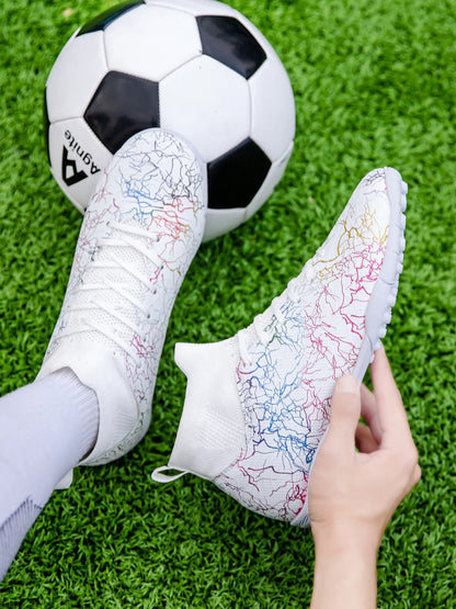 High quality, high-top football shoes, unisex style, comfortable, breathable, available in TF and FG options.  Sole spikes
