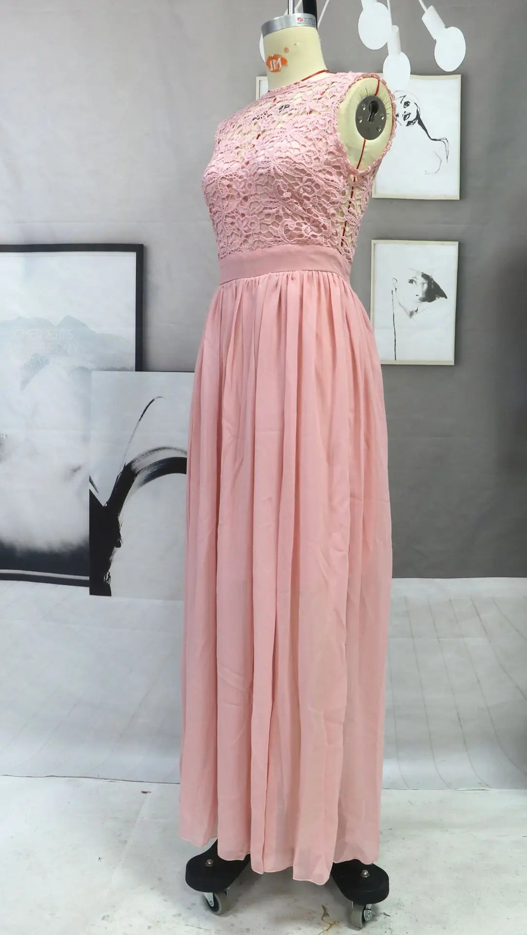 Classic Women Pink Bridesmaid Dresses Elegant Lace Chiffon A Line Illusion Back Maxi Formal Wedding Gust Gowns Formal Evening