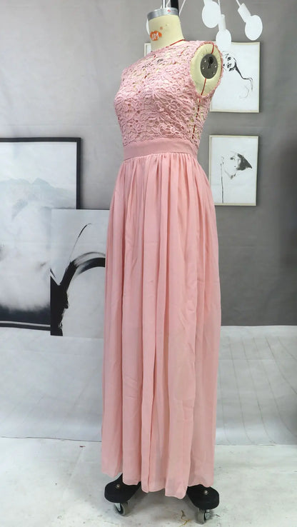 Classic Women Pink Bridesmaid Dresses Elegant Lace Chiffon A Line Illusion Back Maxi Formal Wedding Gust Gowns Formal Evening